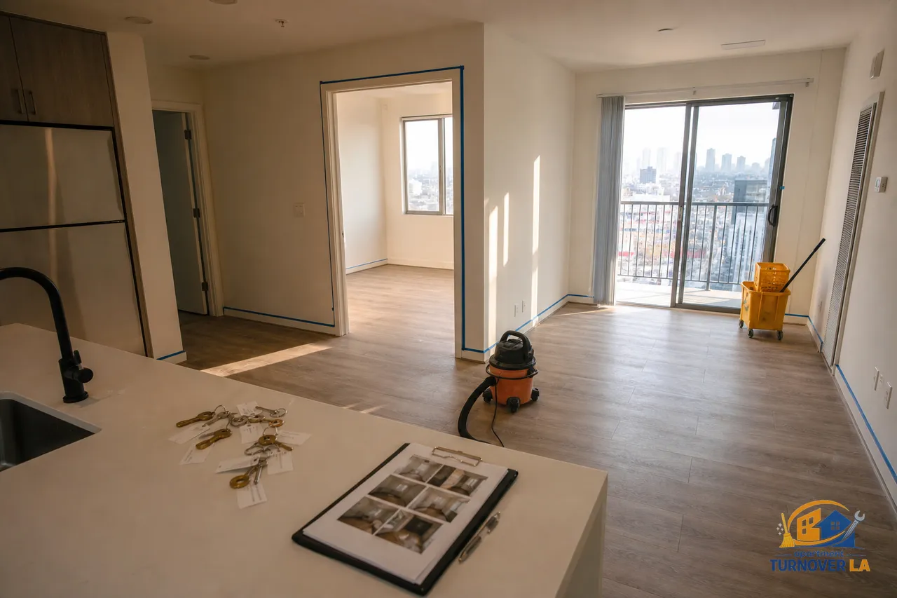 Koreatown LA apartment during rental turnover with cleaning tools, taped trim for paint touch-up, and rekeyed locks on the counter