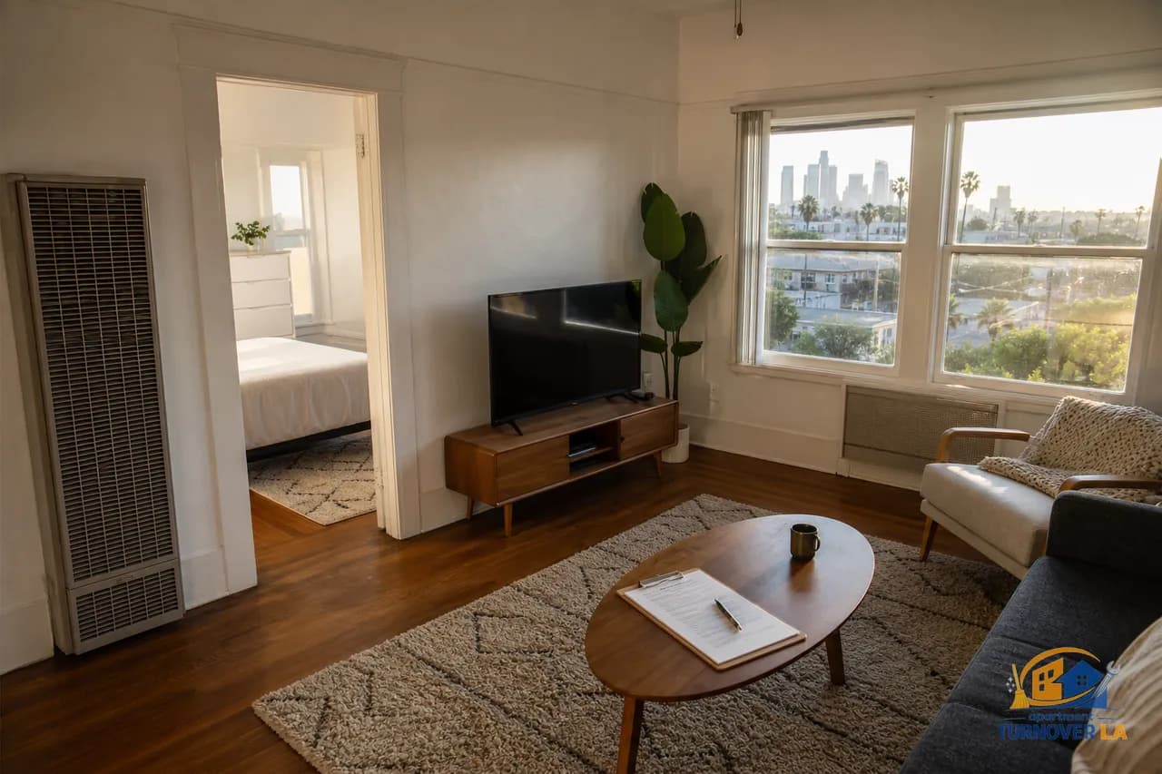 Los Angeles apartment living room with older hardwood and area rug, lease paperwork on table, tenant flooring question context