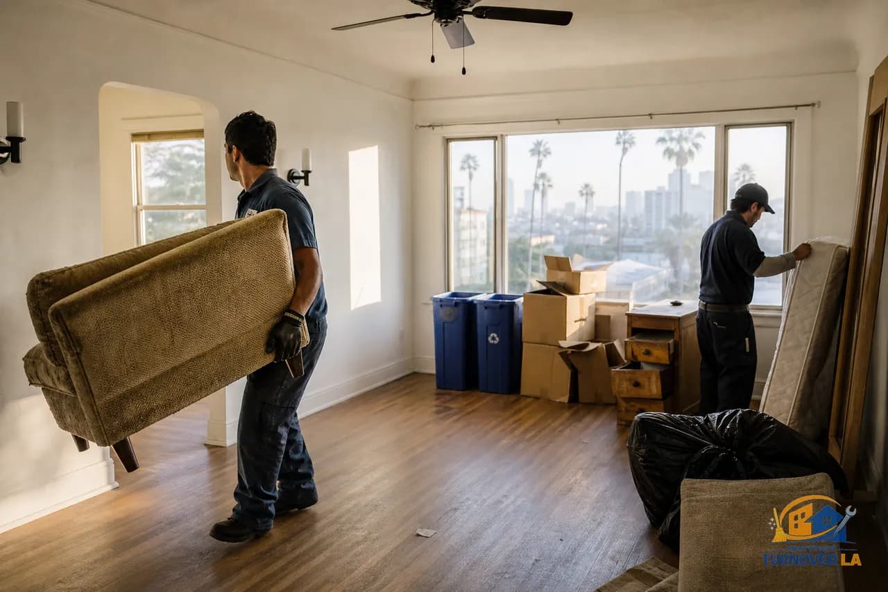 Crew removing a sofa and mattress during junk removal Los Angeles in a Koreatown apartment with blue recycling bins and palms outside
