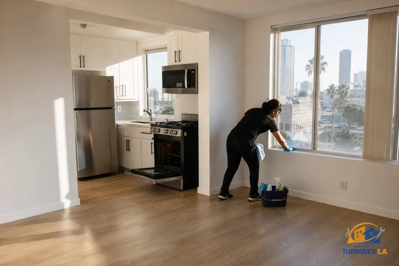Cleaner finishing a Los Angeles apartment move-out clean with oven interior degreased, window tracks detailed, and baseboards wiped for a rental turnover