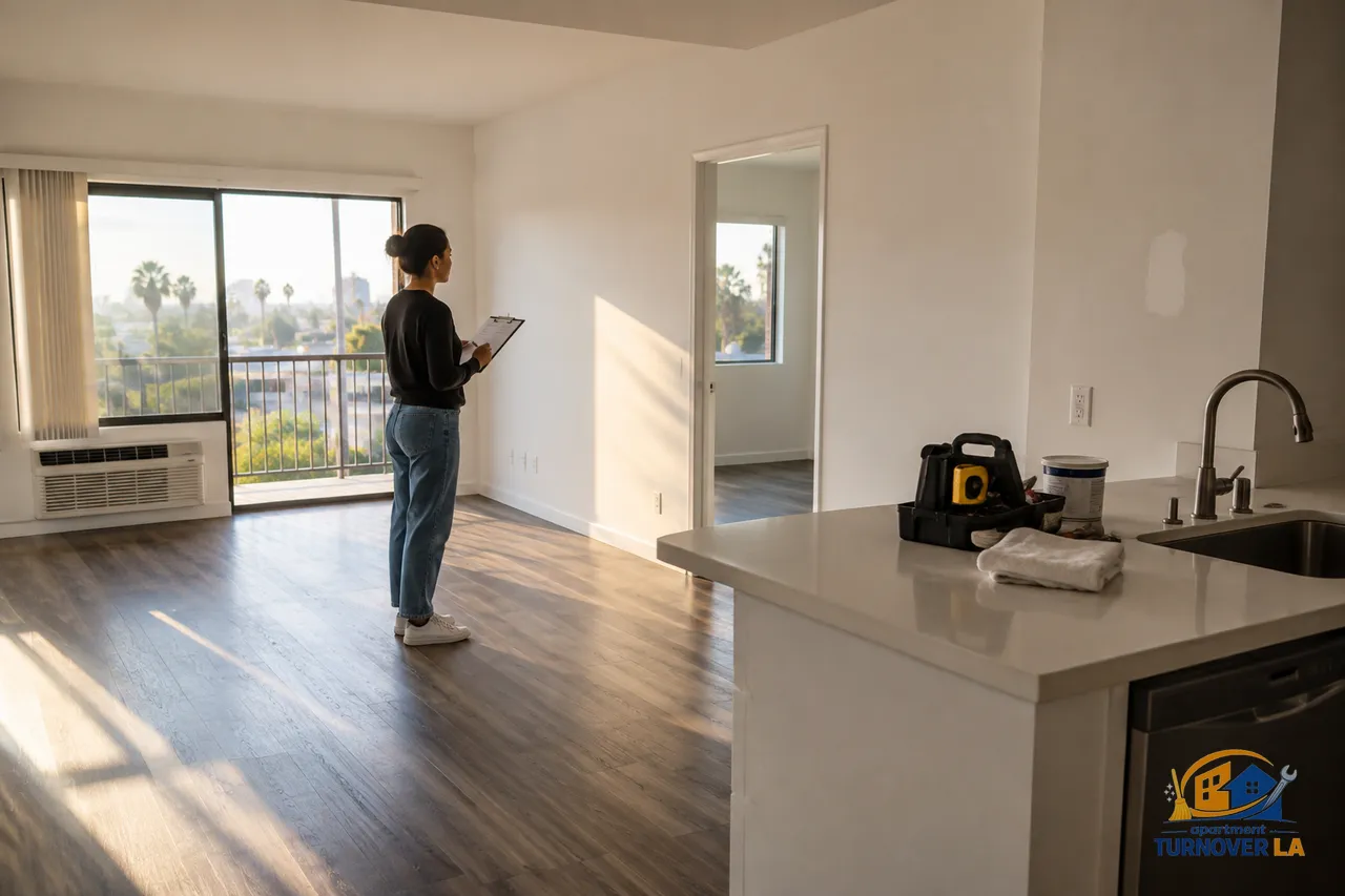 Vacant Los Angeles apartment prepared during a tenant turnover with condition report