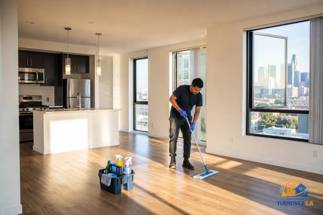 Los Angeles apartment living room during a move out clean with a pro mopping, sunlight and DTLA skyline visible, modern rental turnover scene