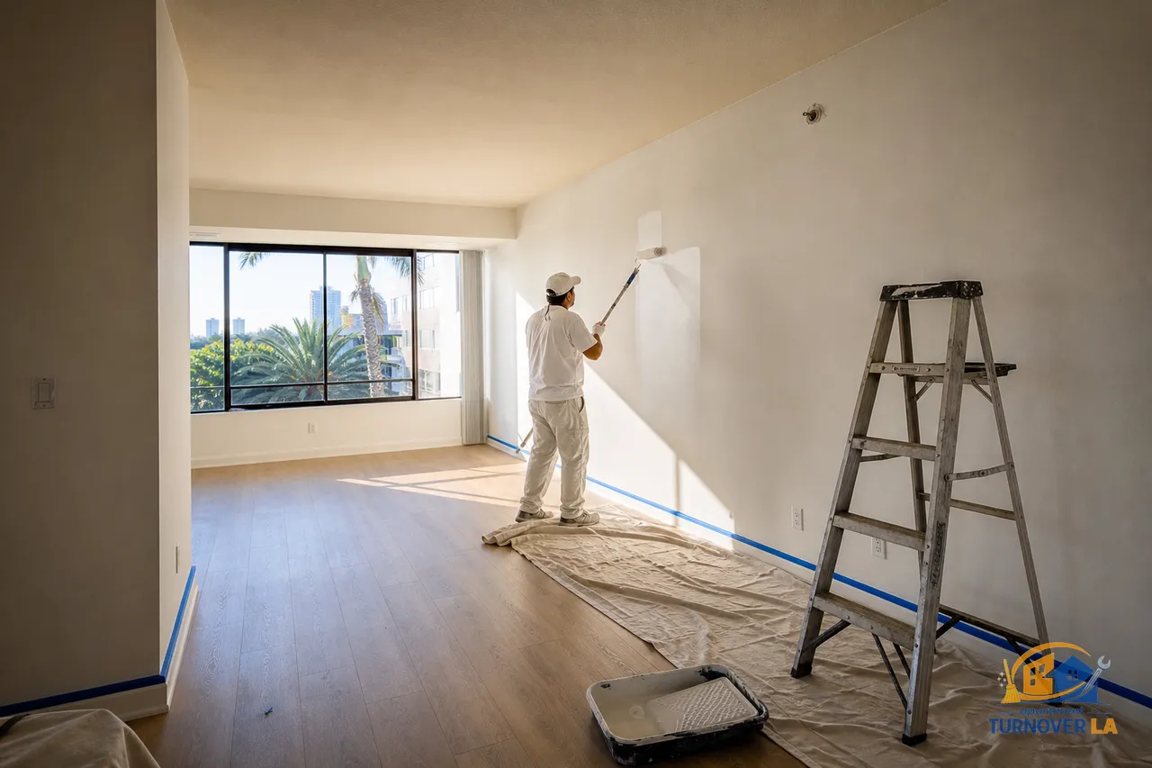 Los Angeles apartment living room during repaint, fresh neutral walls, painter’s tape and roller tray visible, efficient apartment painting scene