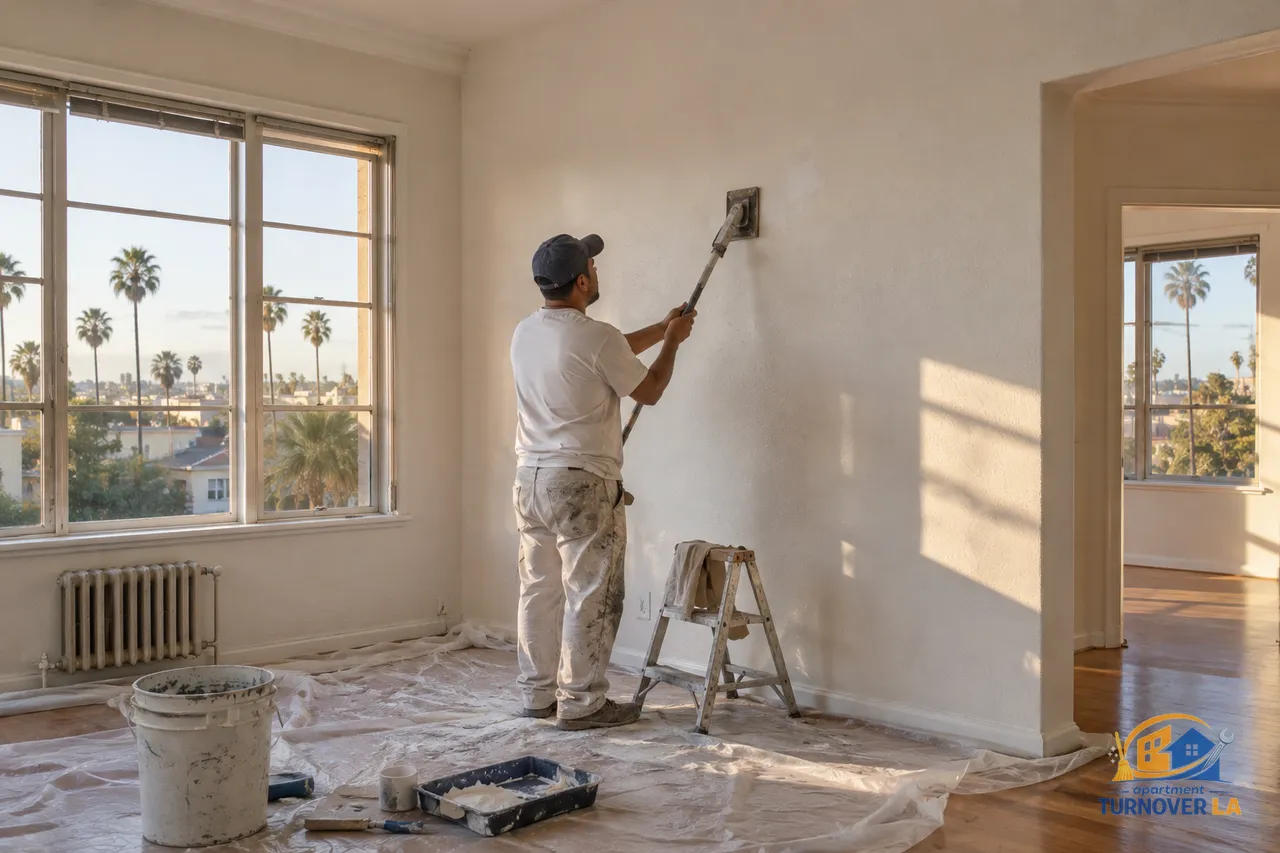 Fresh drywall patch and matching texture in a vacant Los Angeles apartment living room