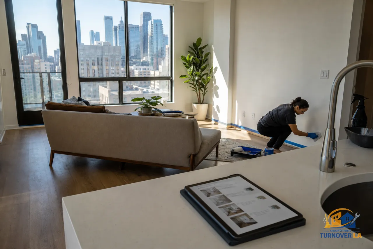 Los Angeles apartment turnover clean in progress with DTLA view, baseboards and floors detailed and tools staged for touch-up painting