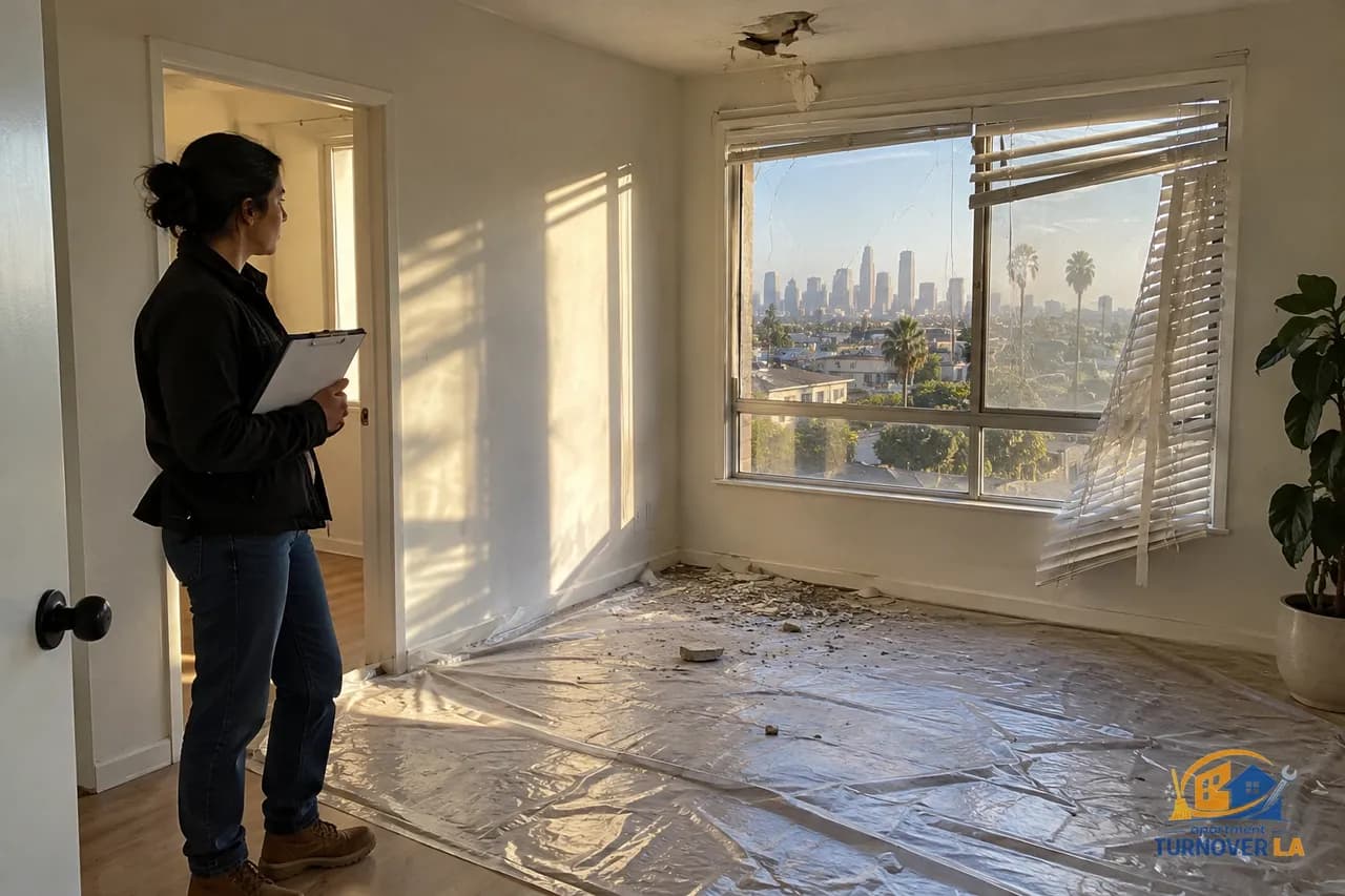 Los Angeles landlord assessing a vacant apartment after tornado wind damage