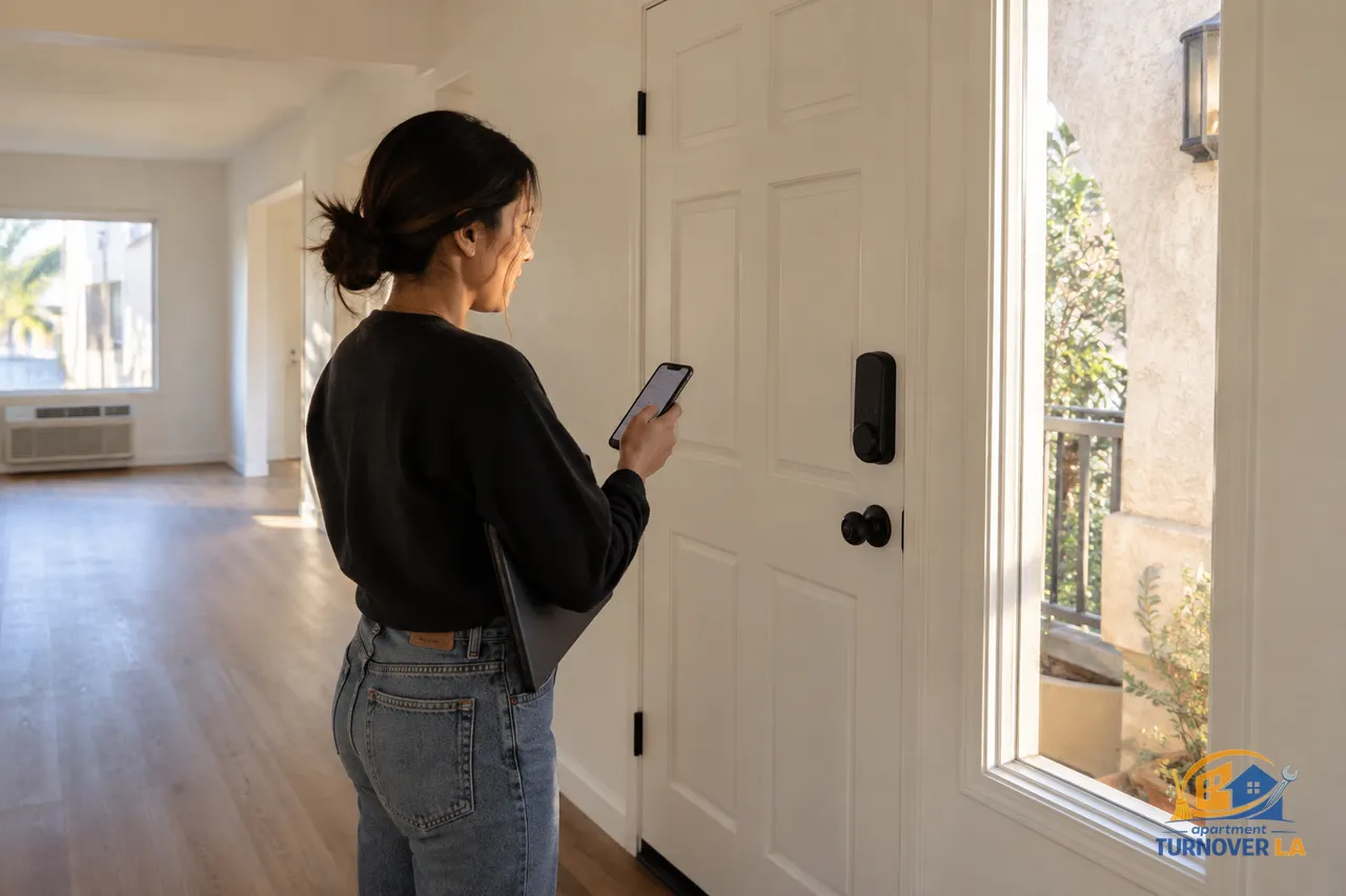 SimpliSafe smart lock installation on a vacant Los Angeles apartment entry door