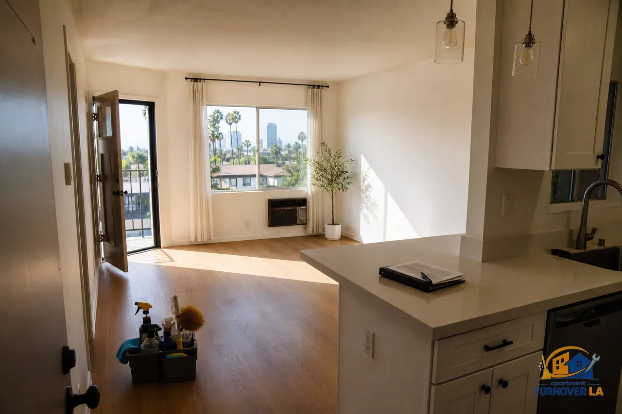 Freshly cleaned LA apartment living room with polished floors and bright windows after a move out cleaning service