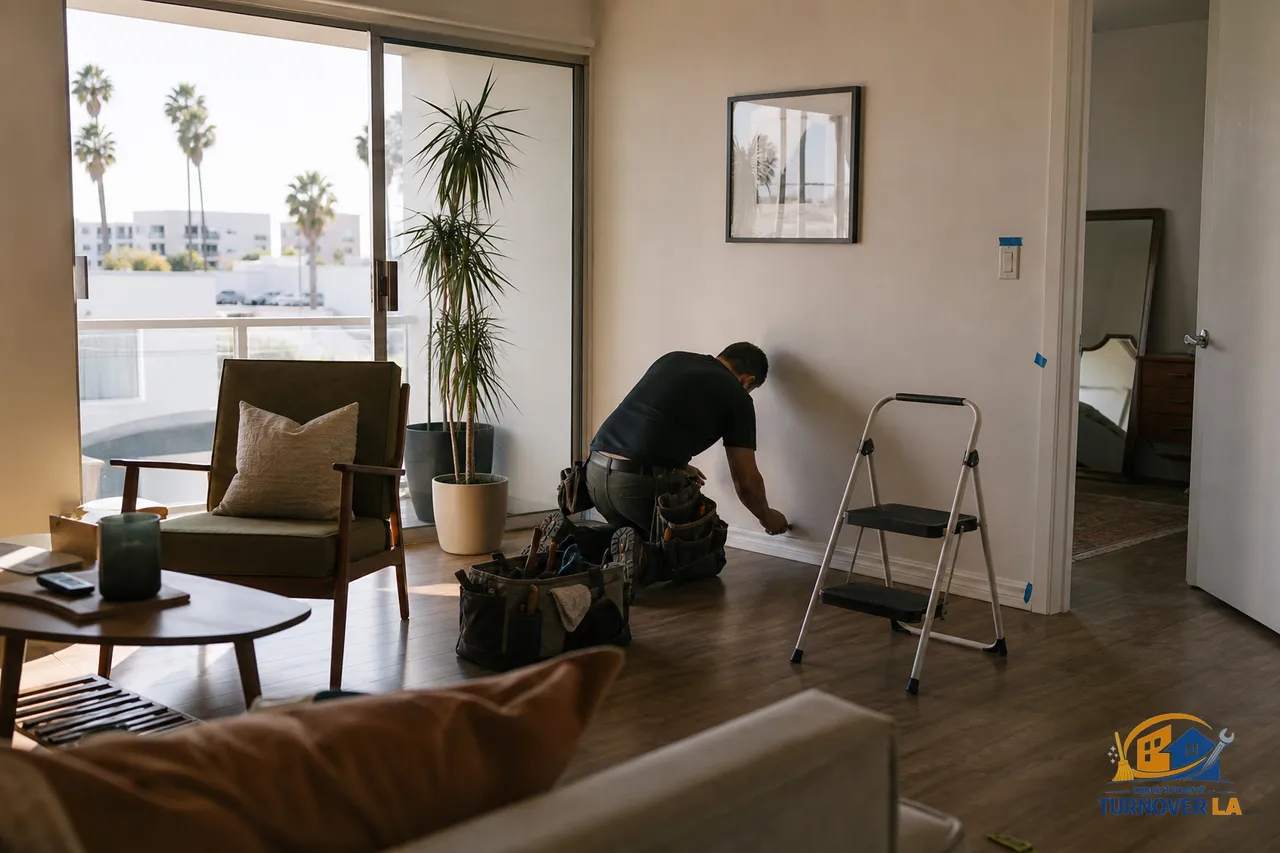 LA apartment handyman reattaching baseboard near a patio door in West Hollywood with tools on the floor, apartment handyman Los Angeles scene
