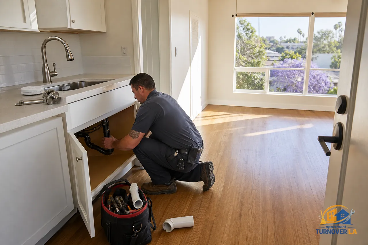 Apartment maintenance technician fixing a kitchen P-trap in a Los Angeles 1BR during a turnover, tools and new hardware staged on the counter