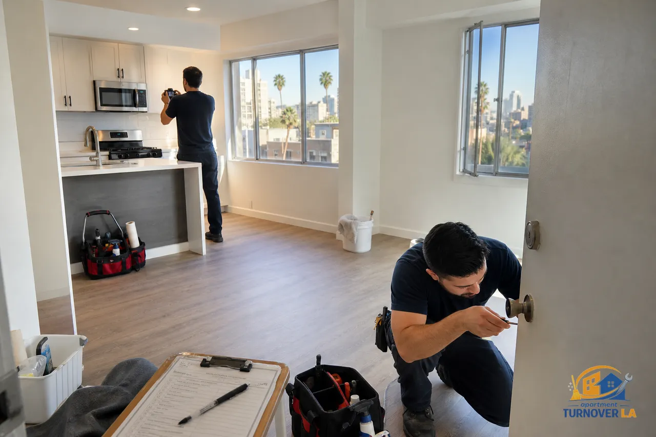 Koreatown LA apartment during make-ready, techs cleaning and photographing a freshly touched-up unit with rekey in progress