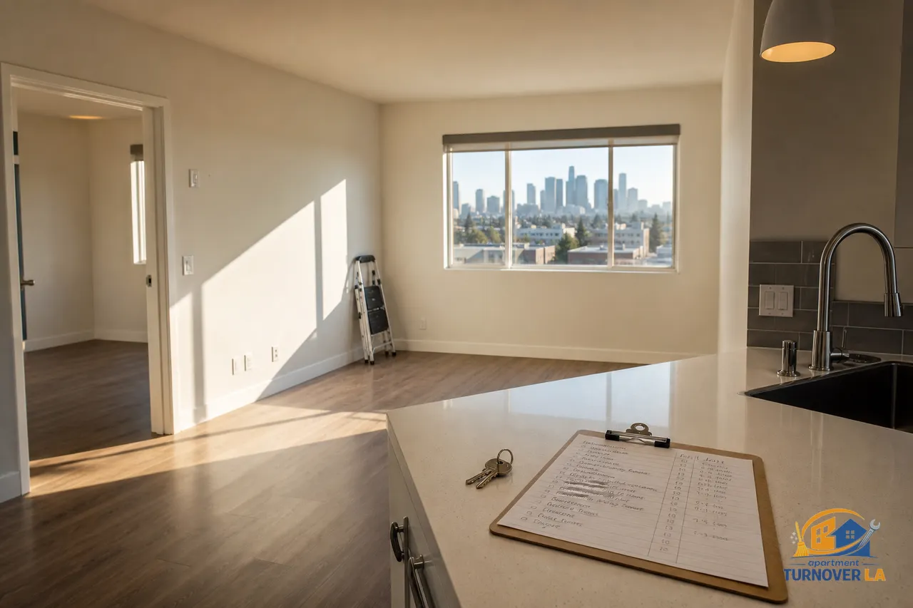 Freshly turned LA 1BR in Koreatown, floors detailed, touch-up paint complete, keys and turnover checklist on counter, ready for listing media