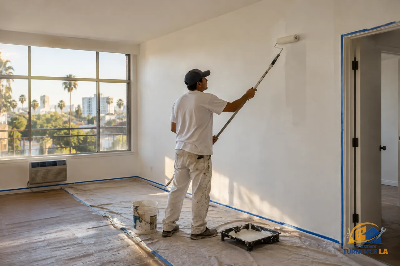 Apartment painting crew rolling a neutral living room wall in a Los Angeles rental