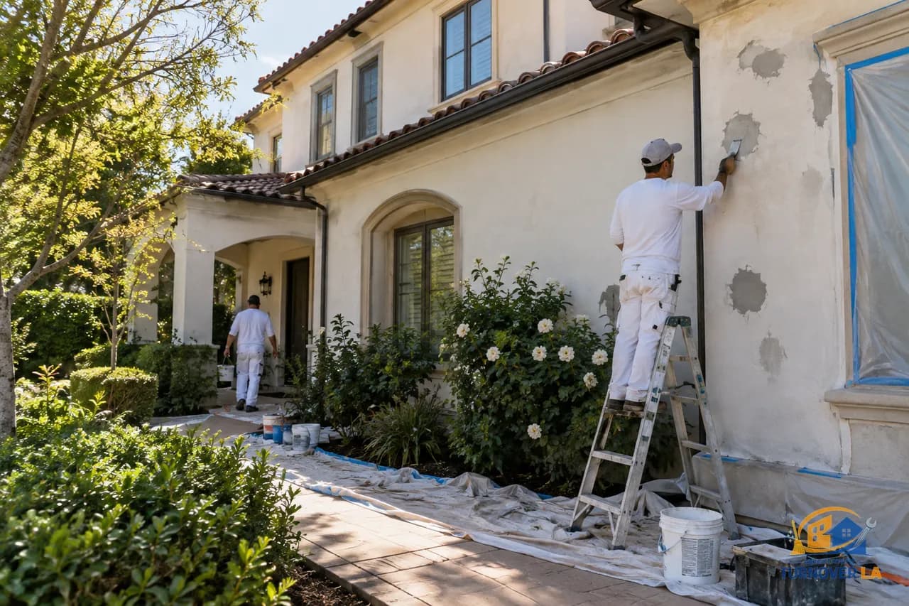 Exterior painting prep on a two-story 3,000 square foot California home