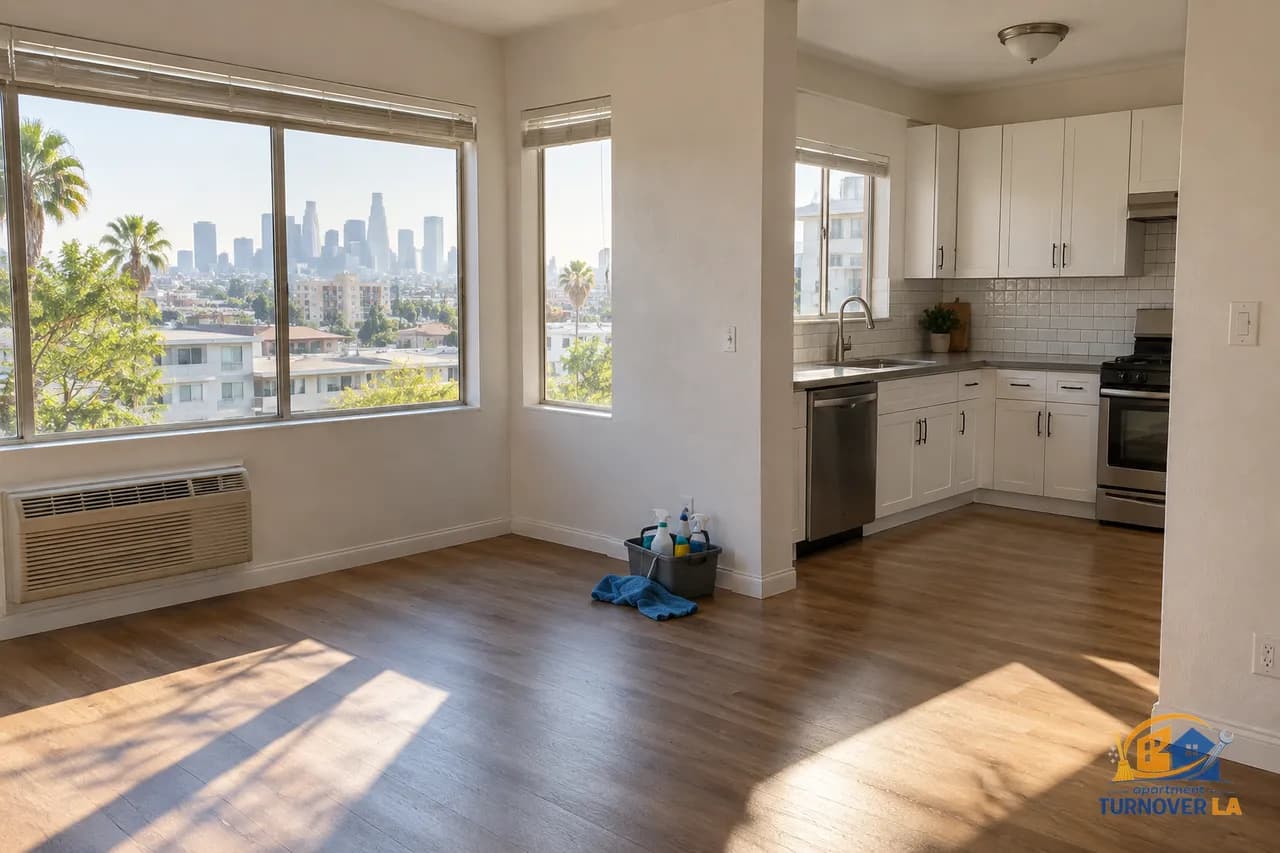 Vacant LA apartment after professional cleaning with bright kitchen and cleaned floors