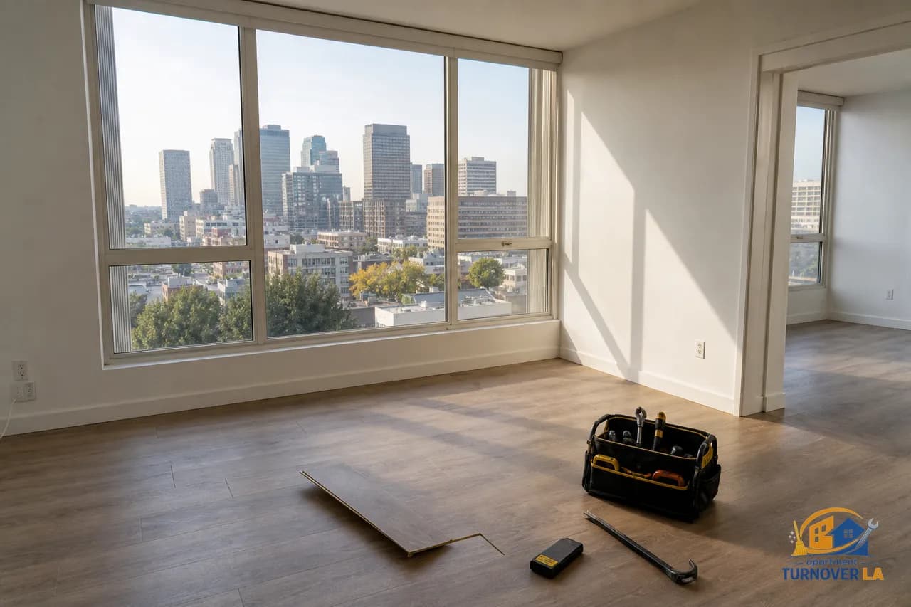 LA apartment living room with medium-tone laminate planks and a minor lifted board near the window, showing typical rental flooring wear in Koreatown.