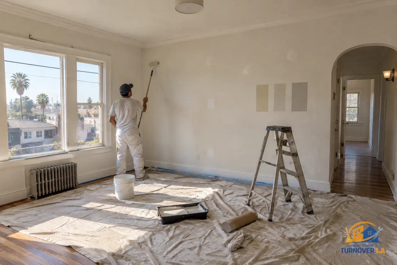 Interior painting cost estimator setup in a vacant Los Angeles rental living room