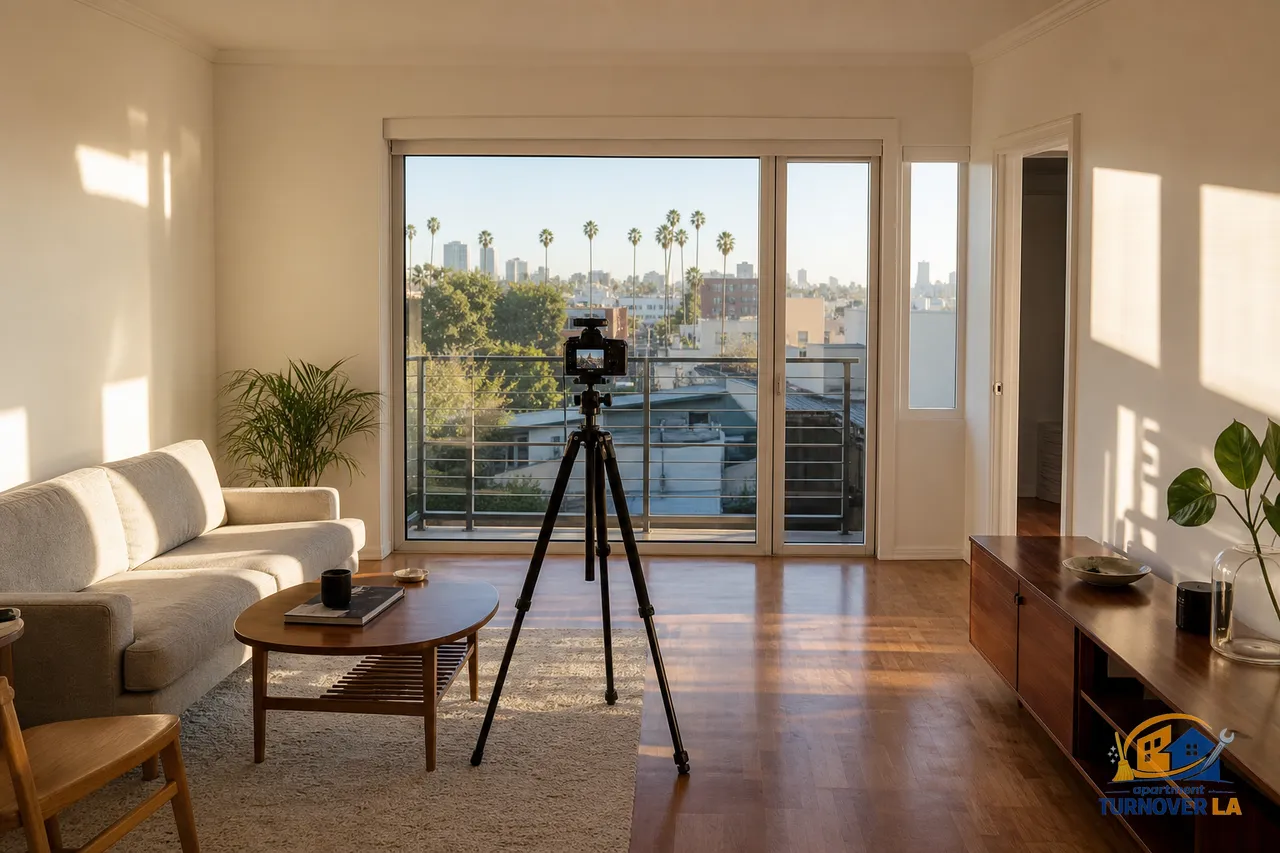 Bright LA apartment living room set for California real estate photography with tripod, staged couch, and palm-lined street view