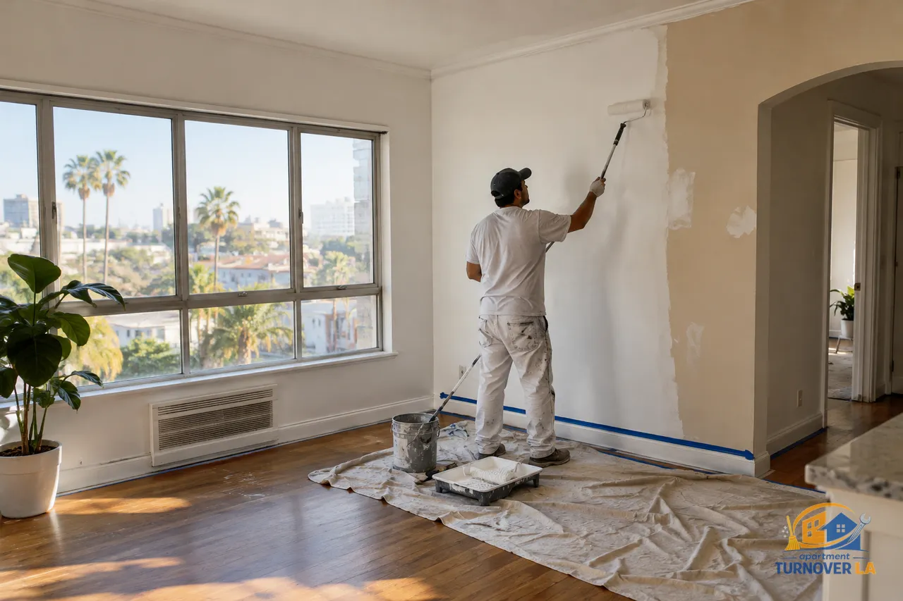 LA apartment painting setup with protected floors, taped trim, and a freshly painted rental wall