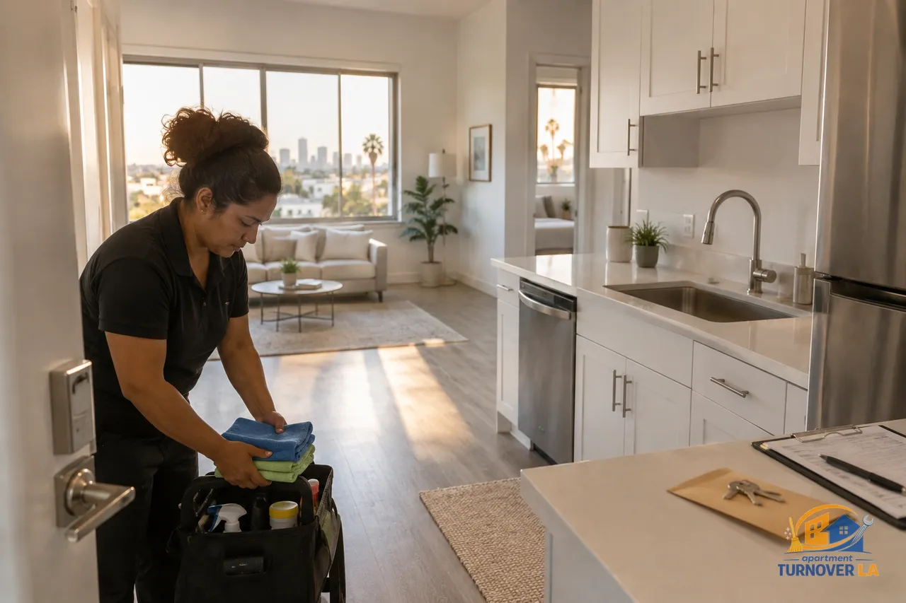 Move-out clean crew finishing a spotless Los Angeles apartment kitchen before inspection