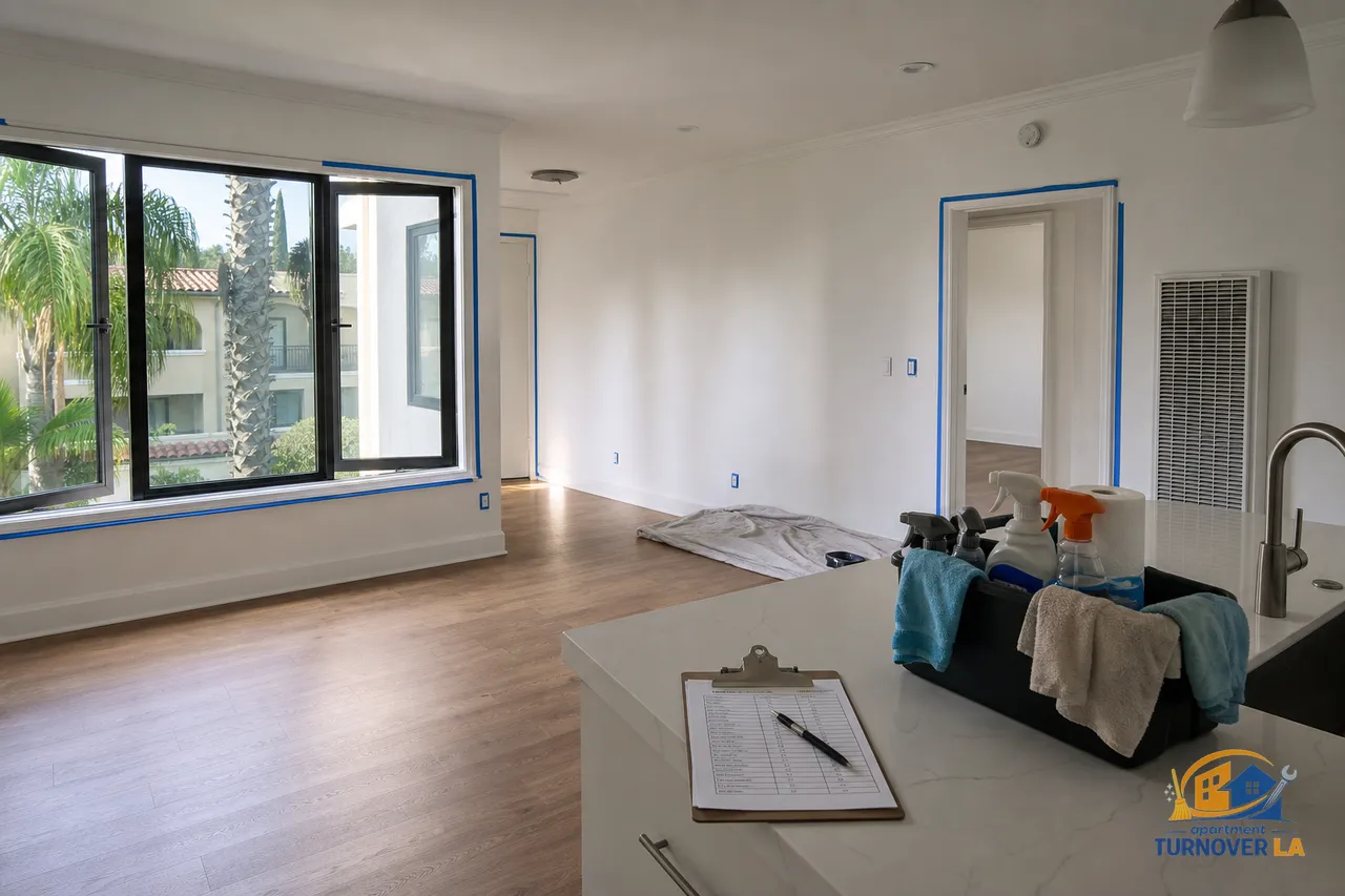 Empty LA apartment kitchen with turnover checklist, cleaning caddy, and painter’s tape set up for a make ready deep clean