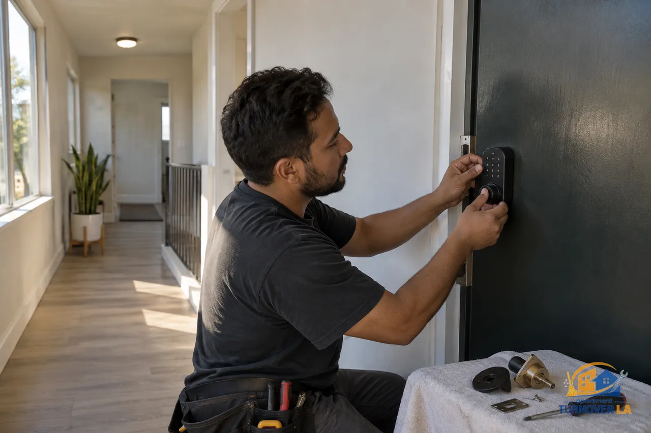 Smart lock installation on a Los Angeles rental apartment entry door