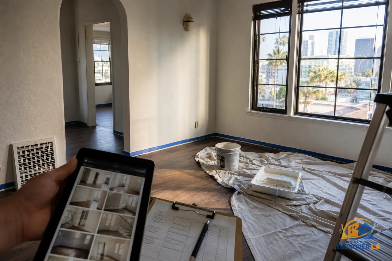 LA apartment turnover painting with drop cloths, taped trim, and a photo checklist documenting normal wear vs damage