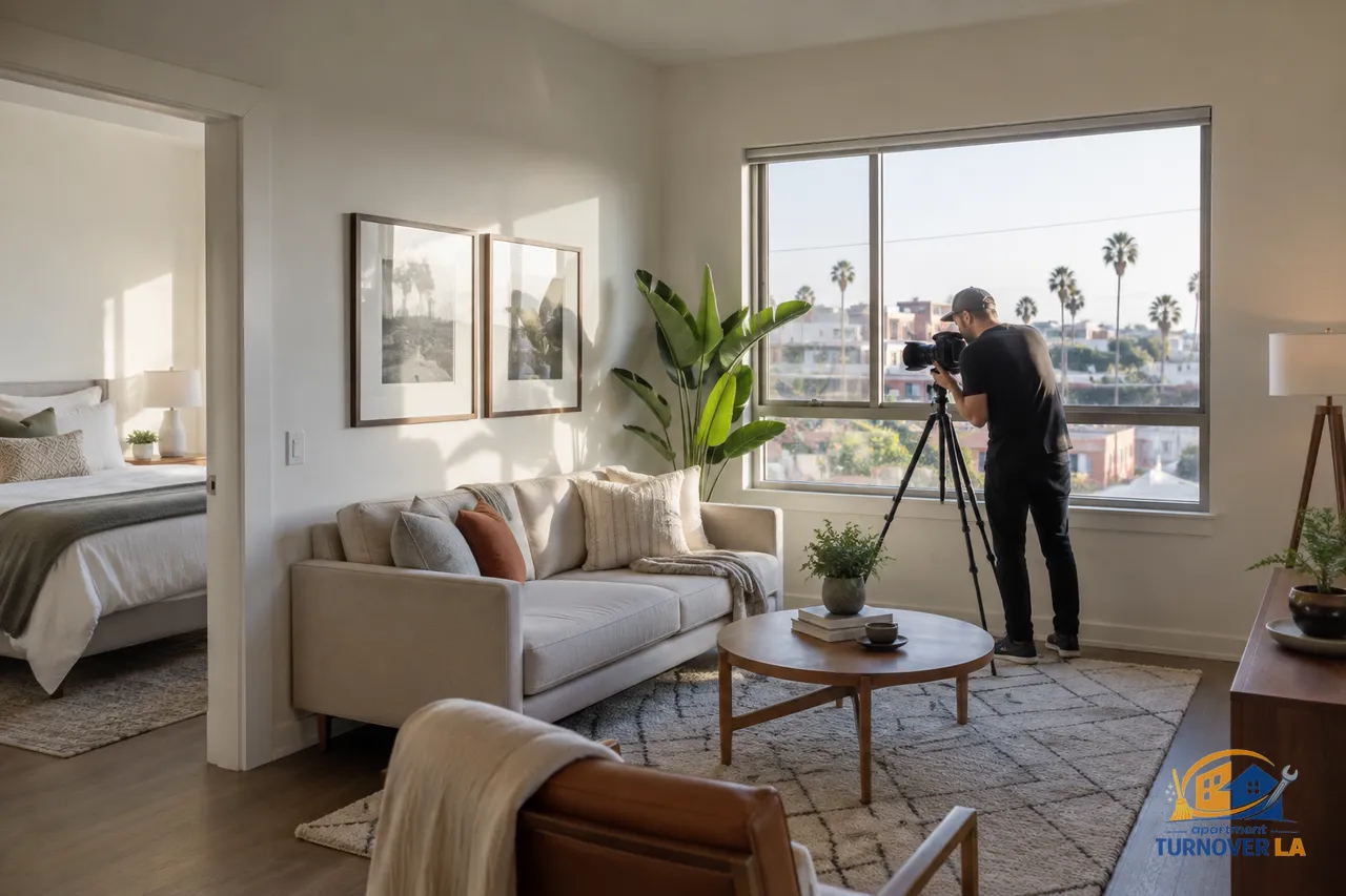 Real estate photographer setting up a rental listing shoot in a clean Los Angeles apartment