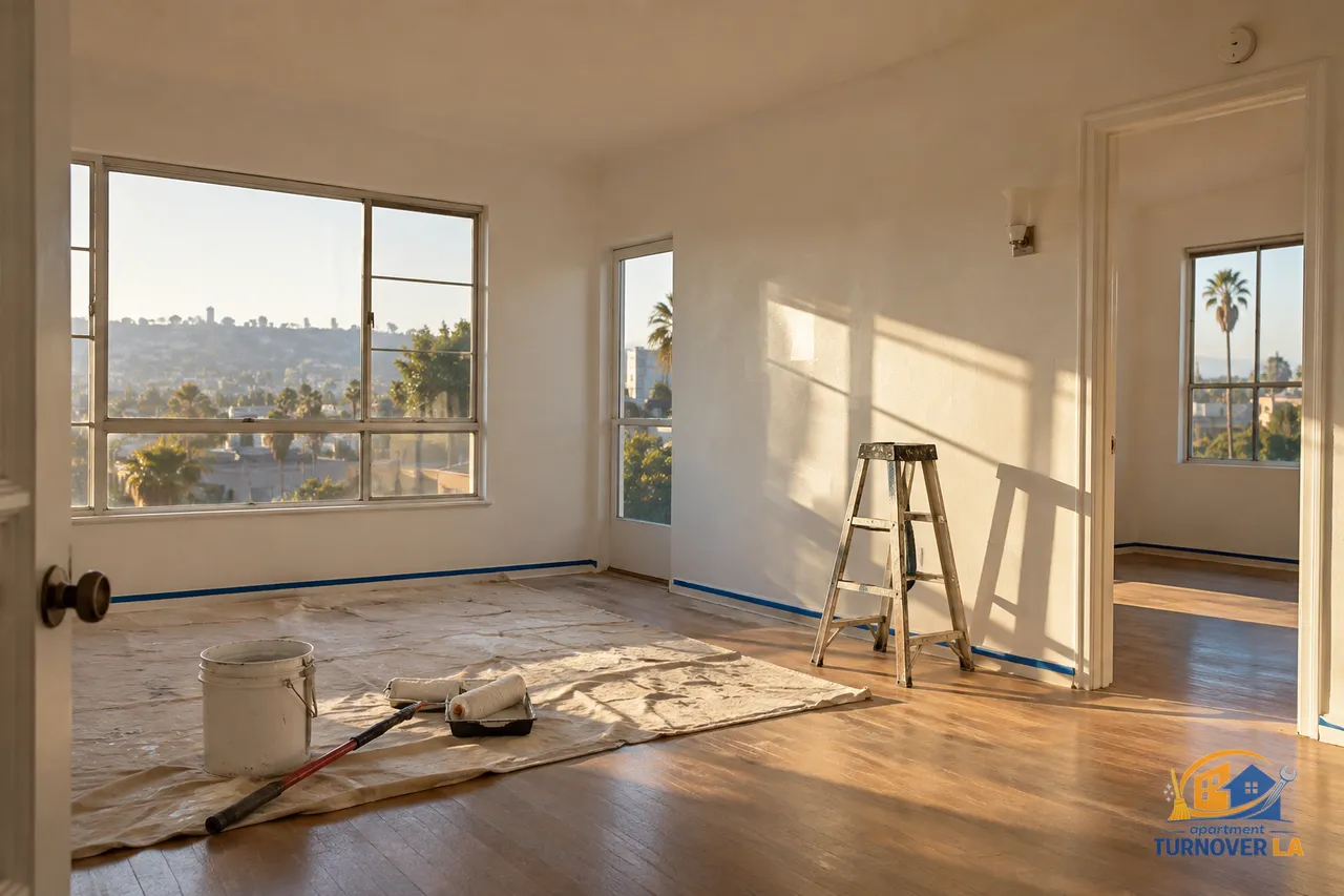 Freshly painted vacant Los Angeles apartment living room prepared for tenant turnover