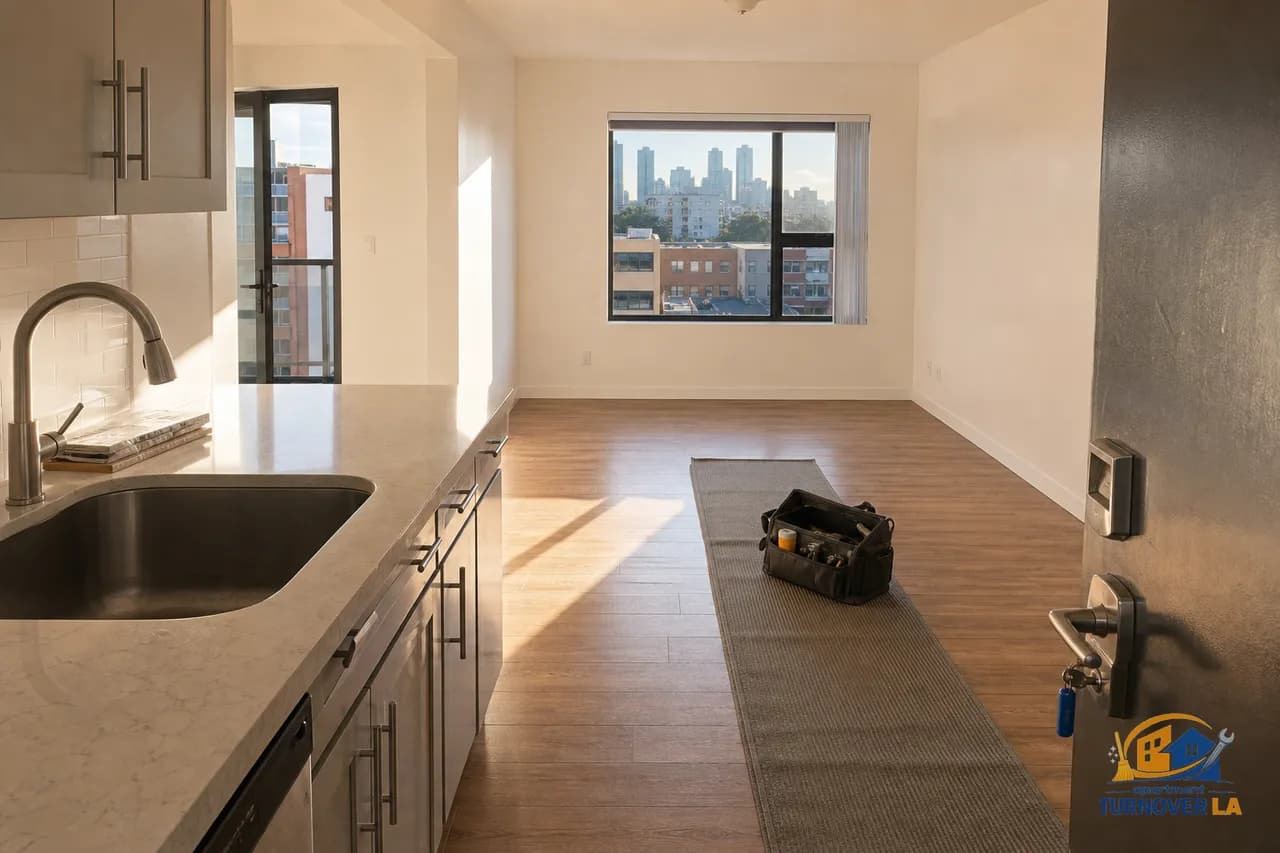 Freshly made-ready LA apartment kitchen and entry with new lock hardware, cleaned floors, and natural light after a 48-hour turnover