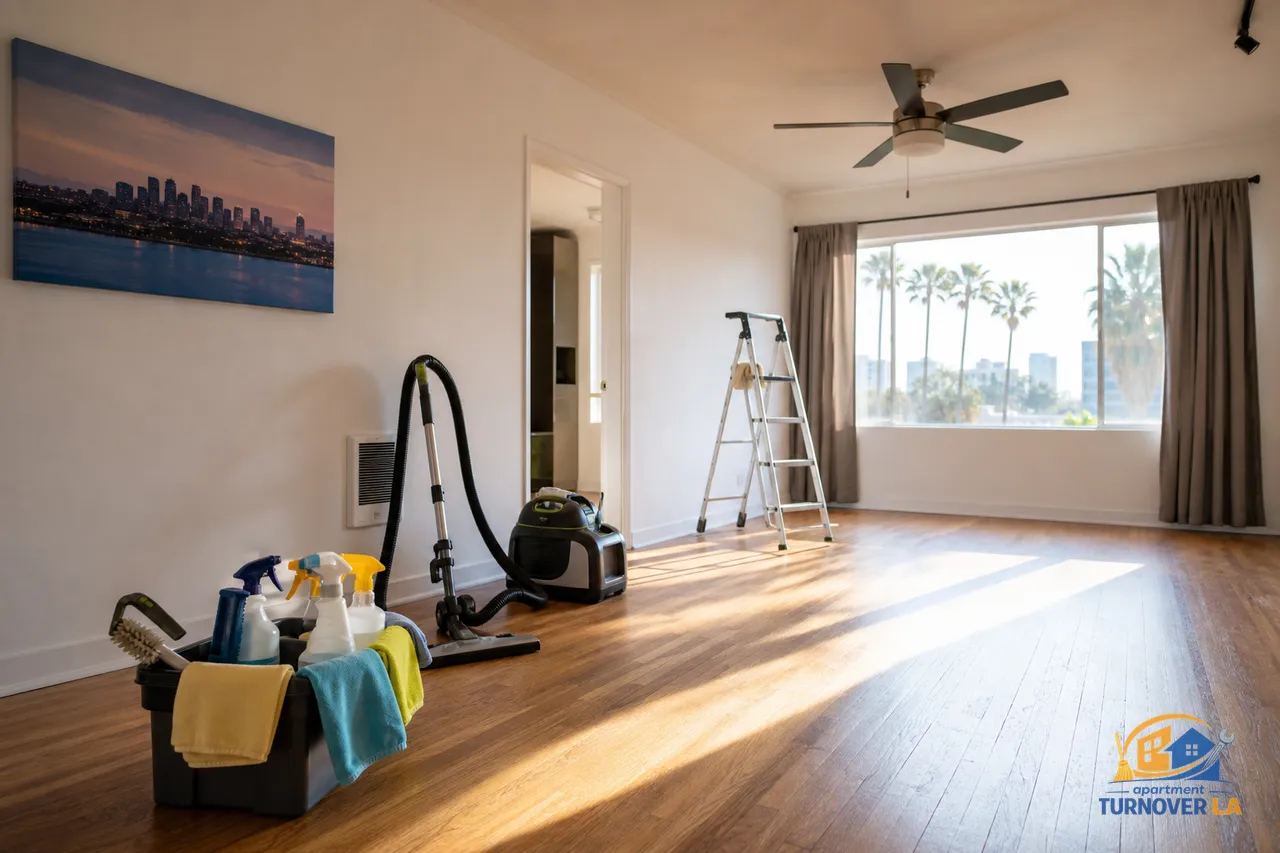 Vacated LA apartment prepped for move-out cleaning with a HEPA vacuum, microfiber cloths, and a step ladder ready for turnover work