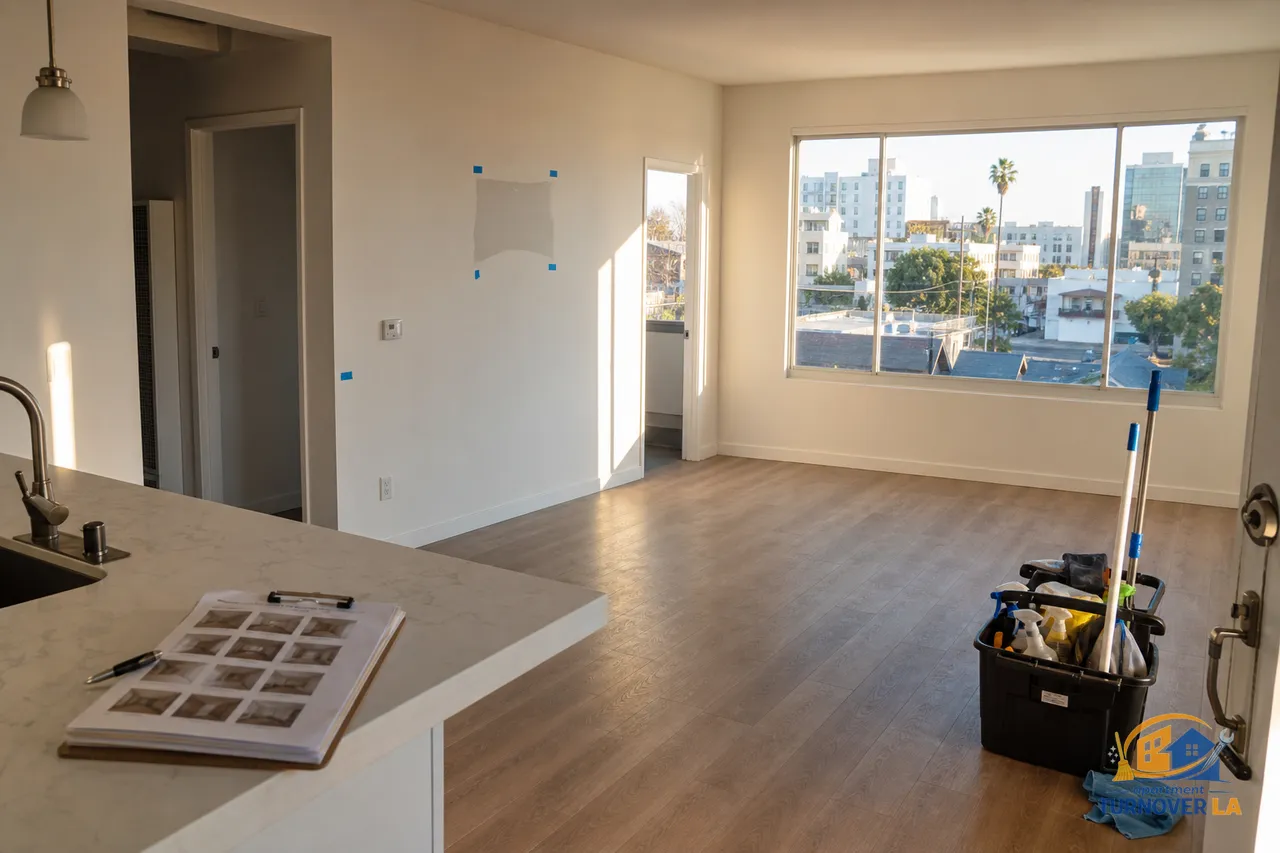 Vacant LA apartment after move out cleaning, gleaming floors, checklist and photo report on the counter, Koreatown view in window