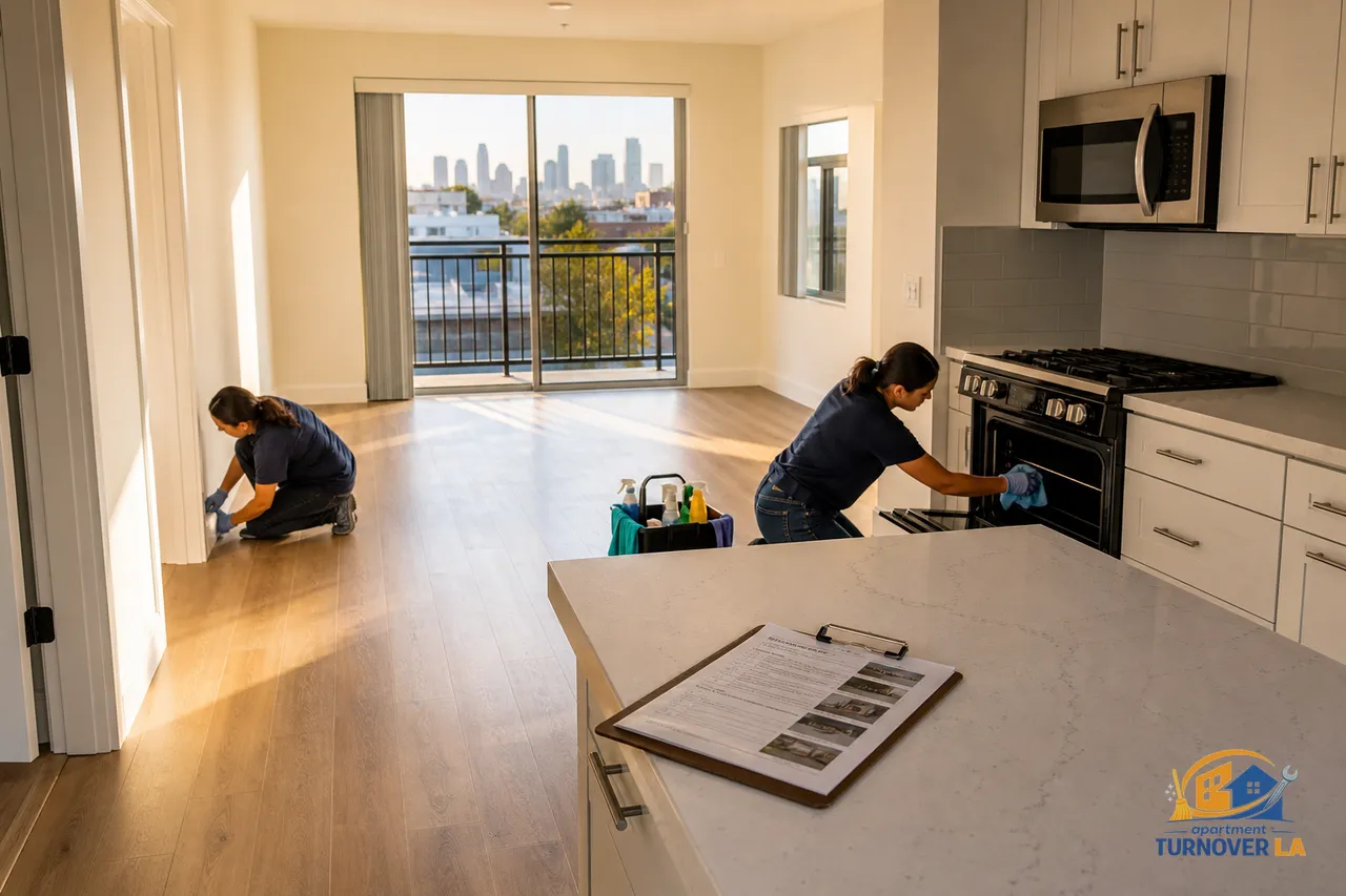 Turnover crew deep cleaning a vacant DTLA one-bedroom kitchen and baseboards, documenting apartment cleaning cost details