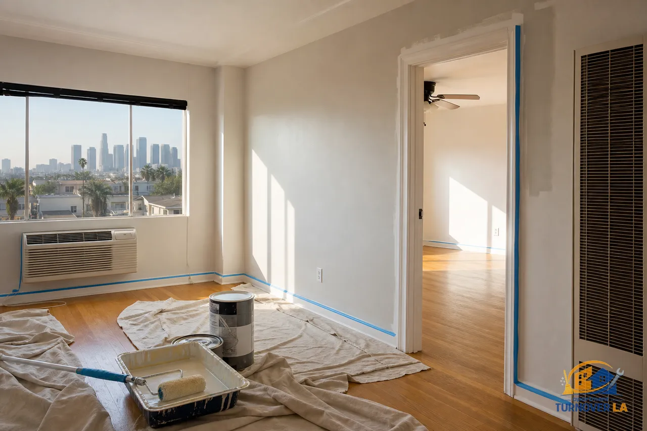 Los Angeles apartment living room mid repaint, neutral wall color, taped trim, roller and drop cloths, downtown LA view in window