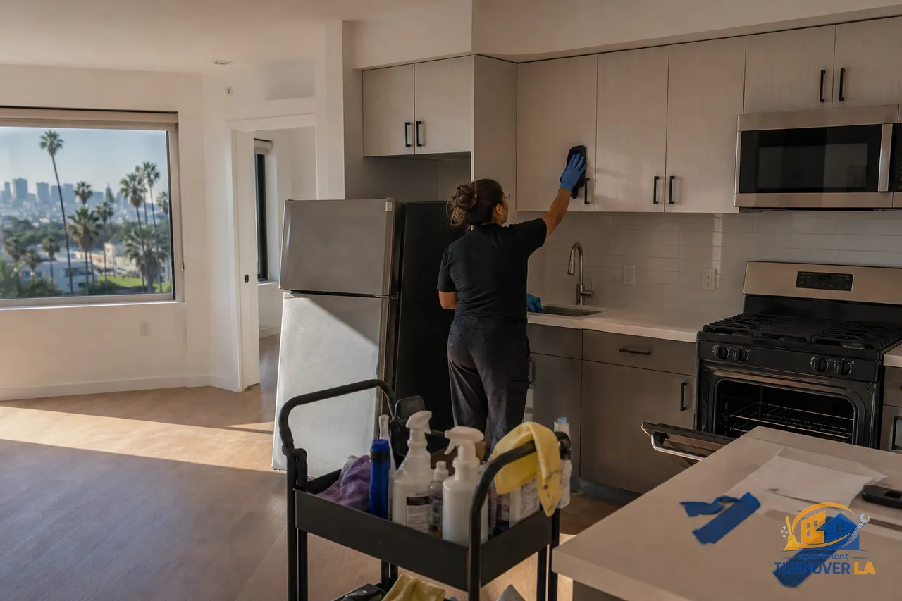 LA apartment turnover kitchen deep clean with oven and fridge pulled out, hardwood floors, and a pro wiping cabinets during move-out cleaning