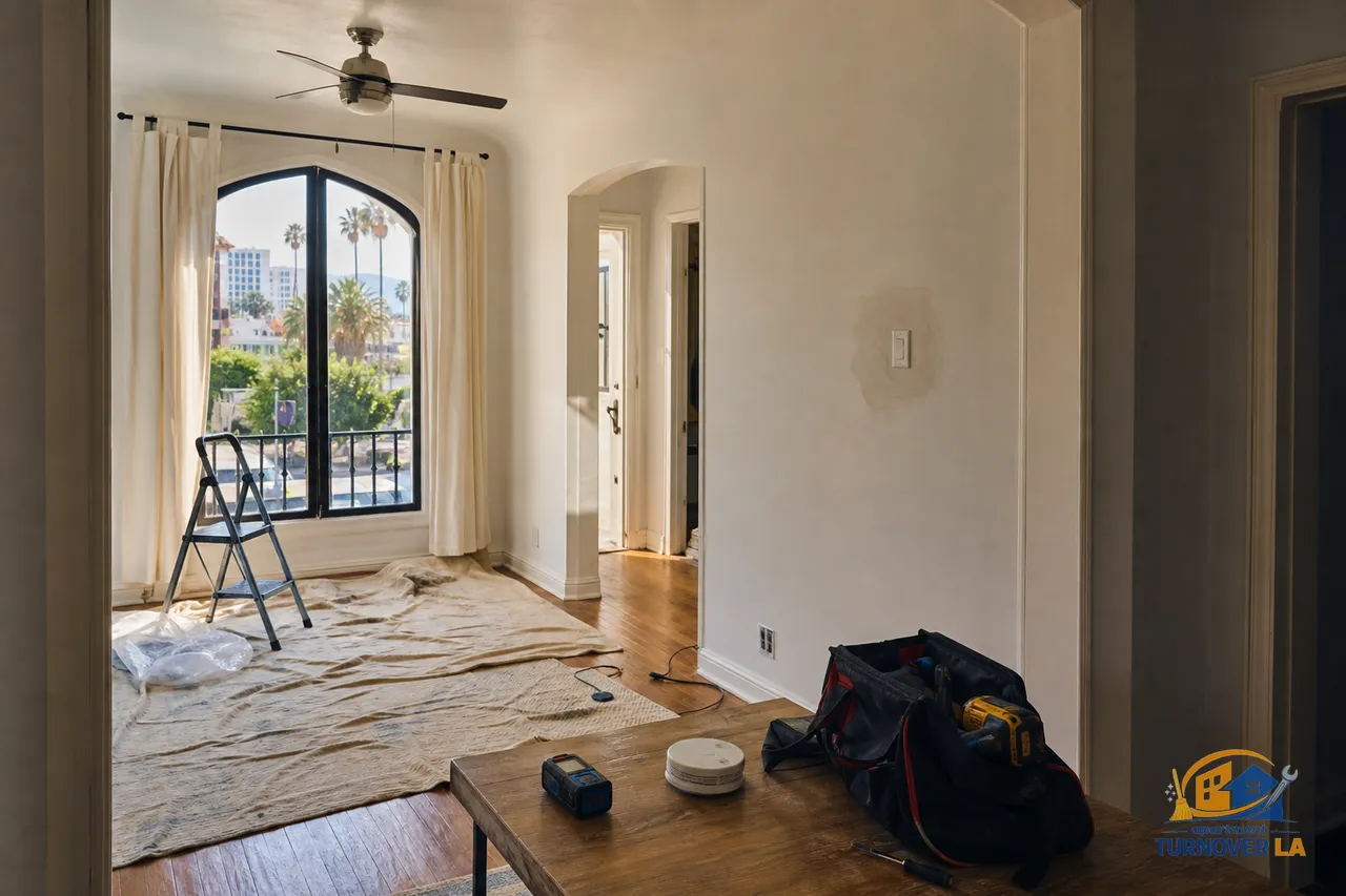 West Hollywood apartment turnover scene with tools, patched wall, and smoke detector setup, showing LA handyman work during make ready