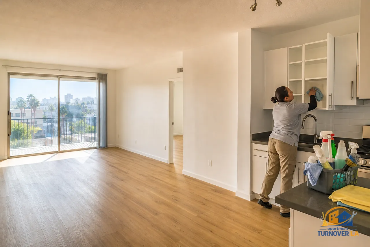 Empty LA apartment kitchen and living room during move out cleaning, cleaner wiping inside cabinets and prepping a deep clean for deposit compliance