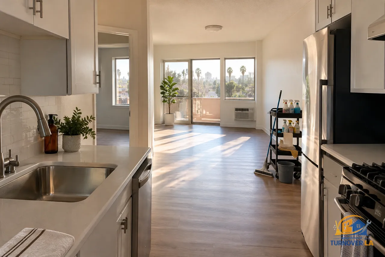Deep cleaning scope in a vacant Los Angeles apartment kitchen with cleaned cabinets and counters