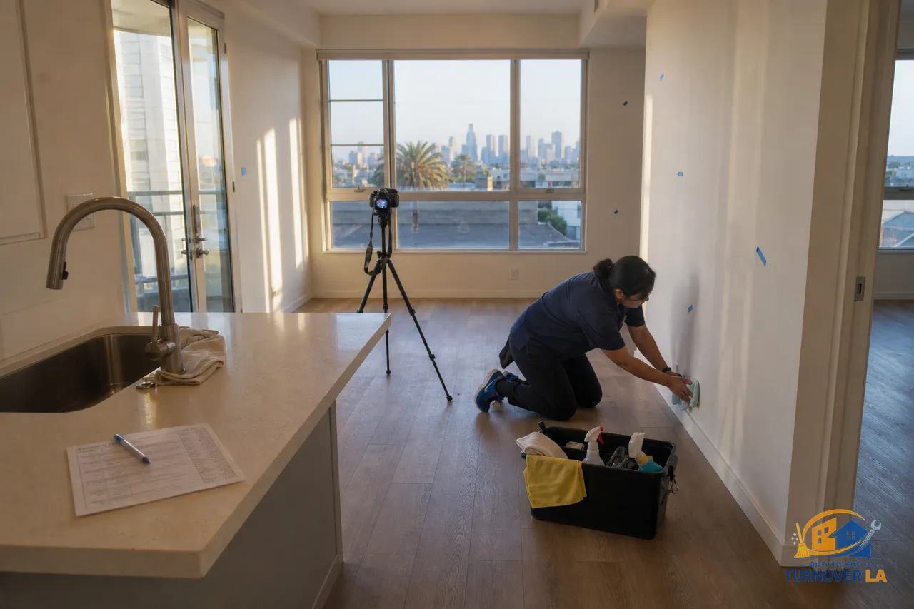 Empty DTLA apartment during move out cleaning with baseboard detailing and documentation setup, focused on Los Angeles turnover costs