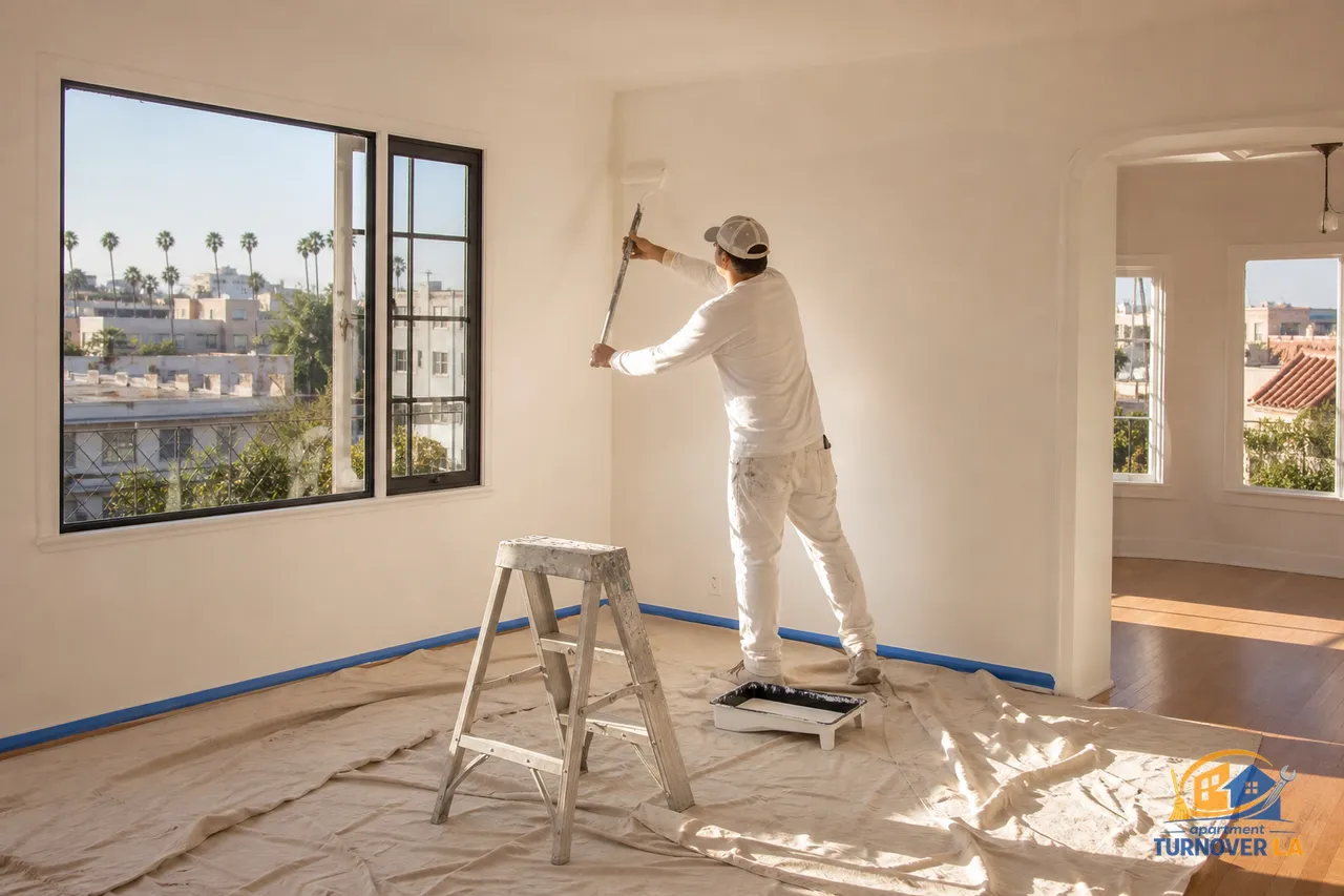 LA apartment repaint in progress with roller, taped trim, and eggshell walls for a landlord’s California turnover