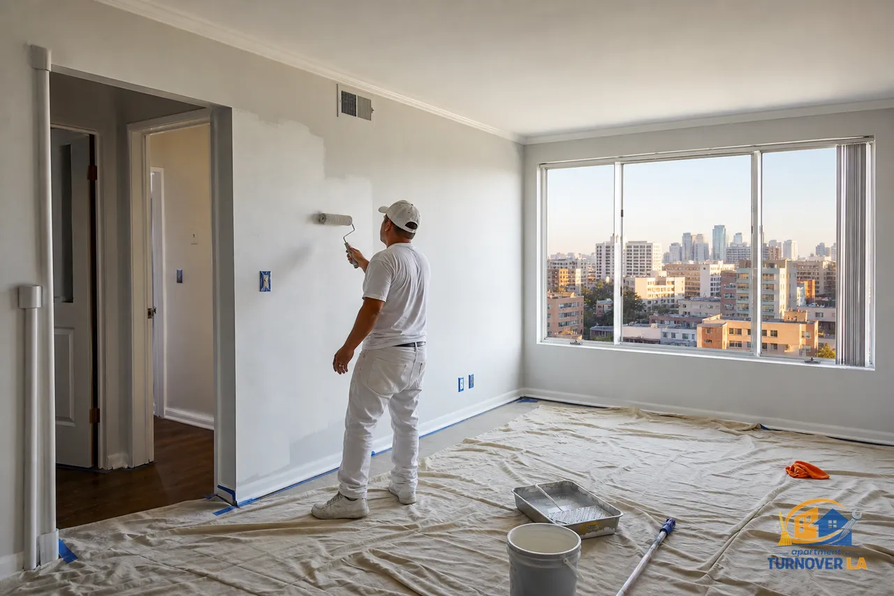 Professional painter rolling an eggshell wall in a sunlit LA apartment living room with taped trim and drop cloths, showing apartment painting in Los Angeles