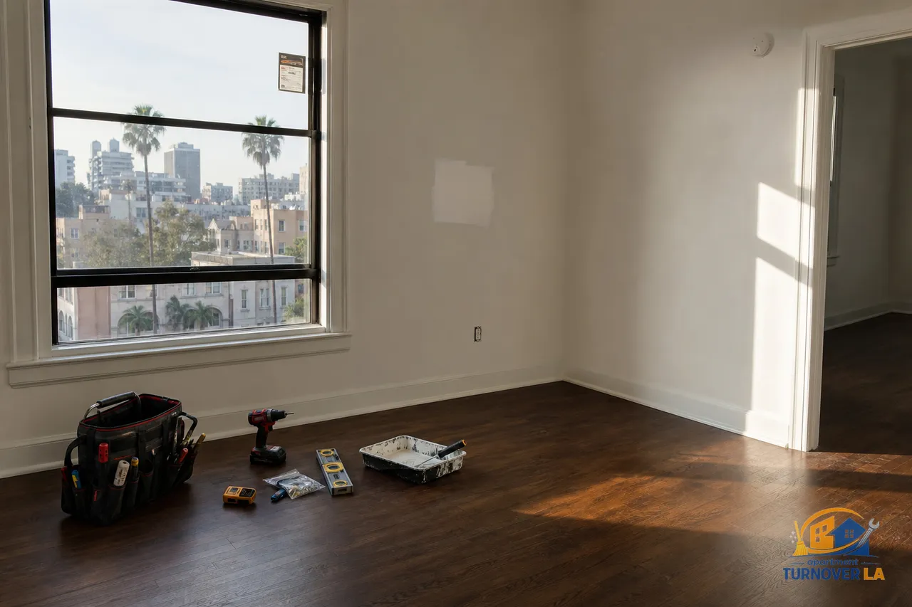 Koreatown LA apartment during turnover with handyman tools, drywall patch, and paint touch-up tray, showing apartment handyman Los Angeles work in progress