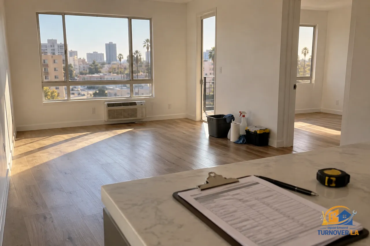 LA apartment turnover preparation in a vacant Koreatown one bedroom living room