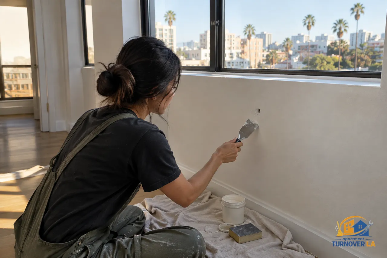 Small drywall hole being filled in a vacant Los Angeles rental bedroom