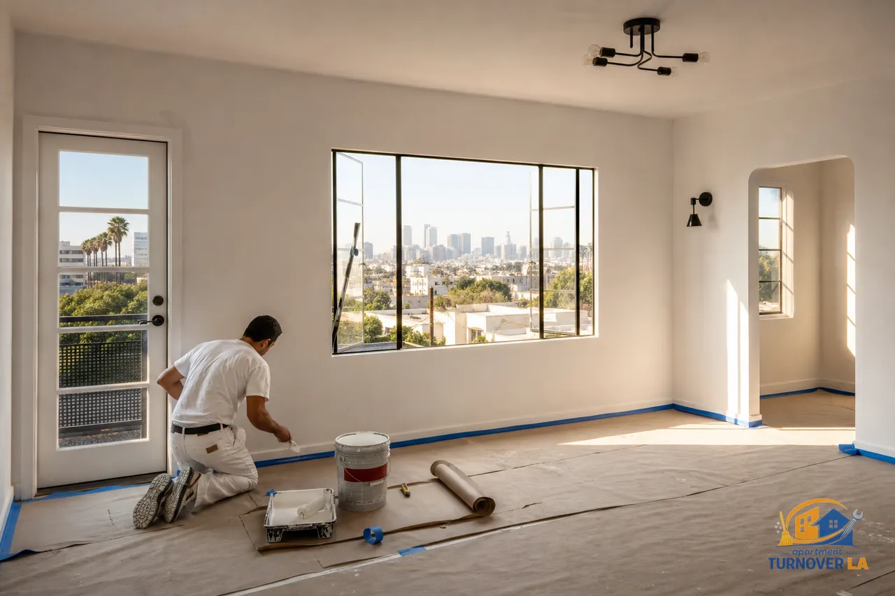 Freshly painted LA apartment living room with clean white walls, taped trim, and floor protection in a West Hollywood style fourplex